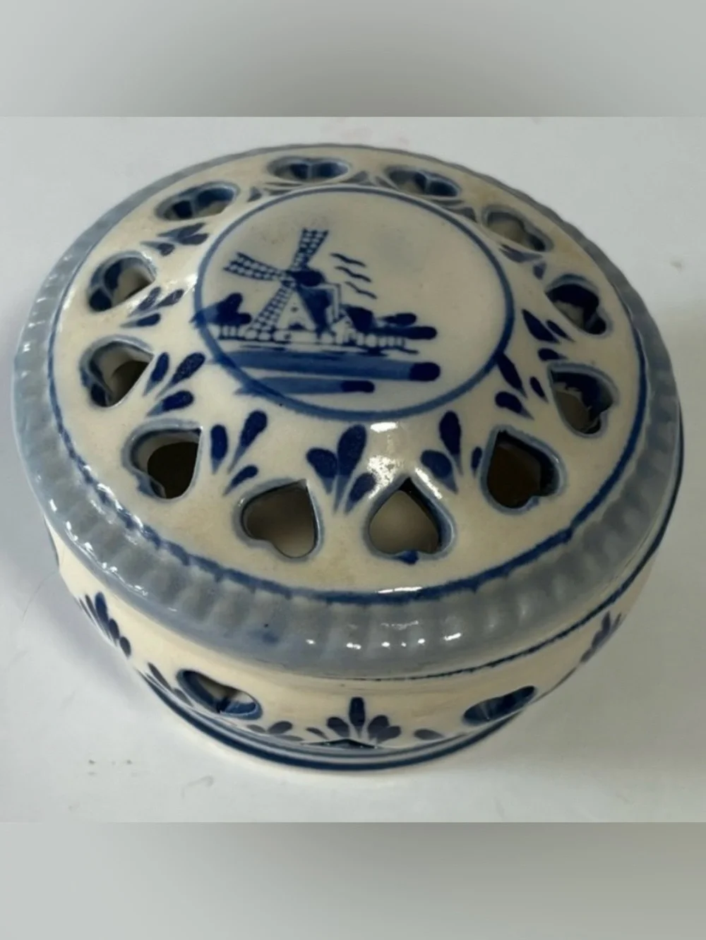Vintage Delft Blue Lidded Trinket Box Windmill Heart Cutouts